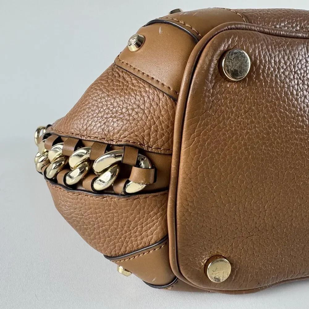 Michael Kors Alamis Bucket Bag Womens Medium Brown Leather Chain Strap Purse